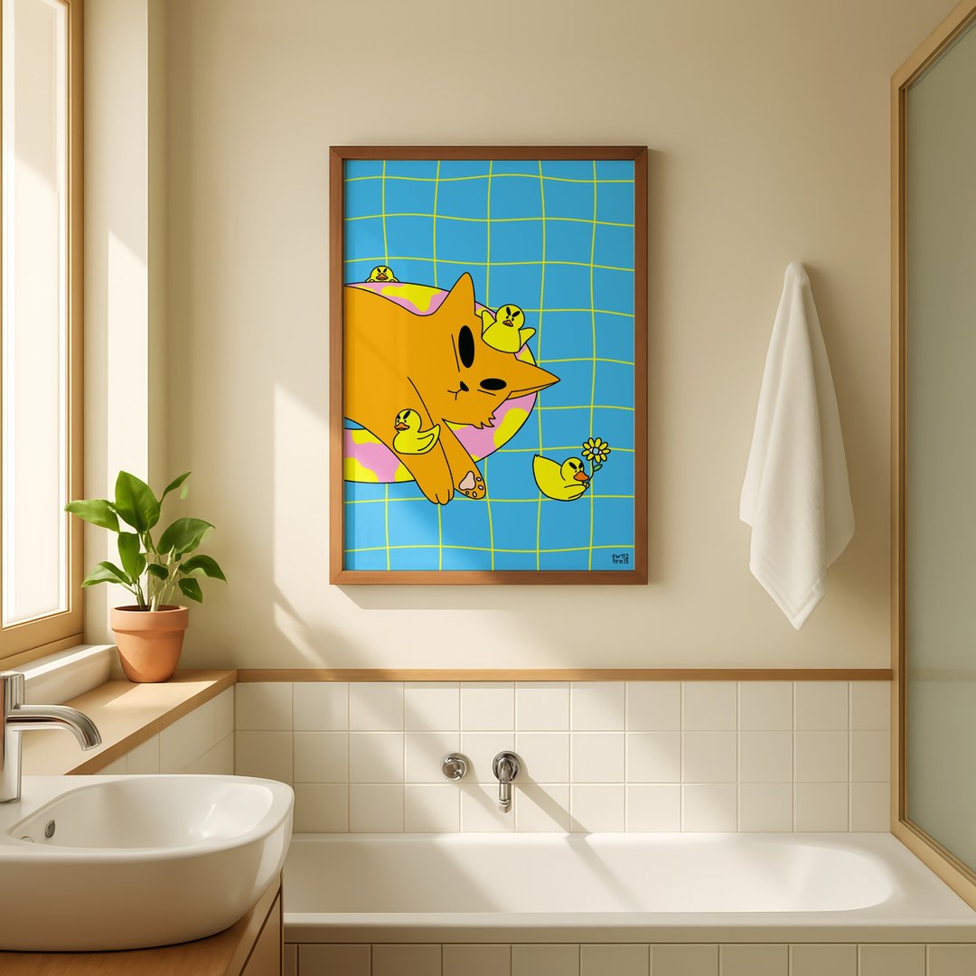 缤纷猫咪泳池插画海报，适用于浴室墙面艺术装饰 - 海报/装饰画/版画 - 纸 