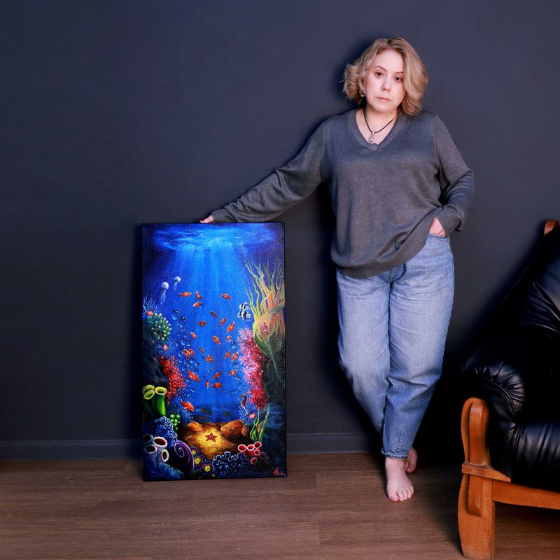 原始油画海底世界。90厘米x50厘米。 尺寸拉伸在画布上 - 海报/装饰画/版画 - 棉．麻 蓝色