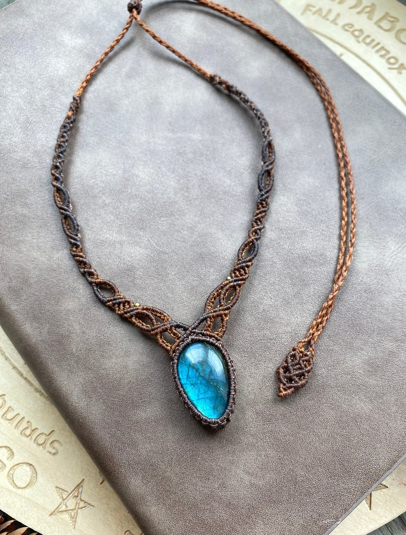 N256 波希米亚风 南美蜡线编织 拉长石 铜珠 项链 - 项链 - 宝石 咖啡色