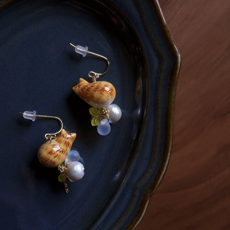 teatime  橘色虎斑猫咪的温暖午茶   耳环耳夹 - 耳环/耳夹 - 粘土 橘色