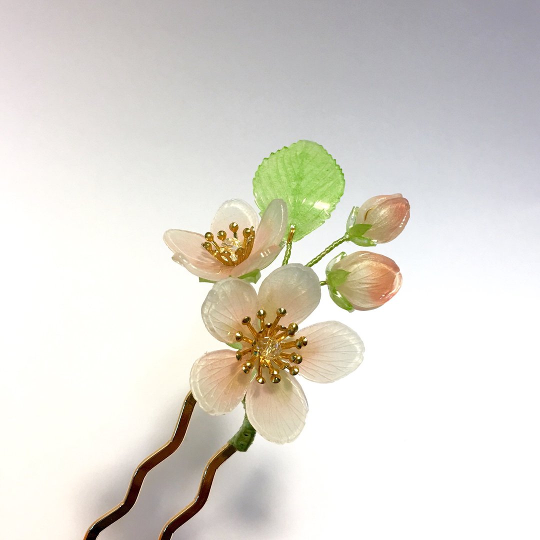 【樱。并蒂】樱花。手造树脂花簪。和风发簪/和服发饰。 - 发饰 - 树脂 粉红色