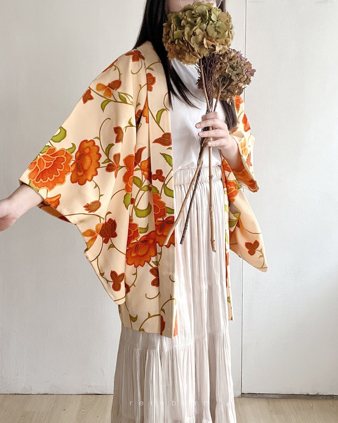 日本制古着羽织和服外套橘色和风织纹印花缎面薄款 - 女装休闲/机能外套 - 其他材质 橘色