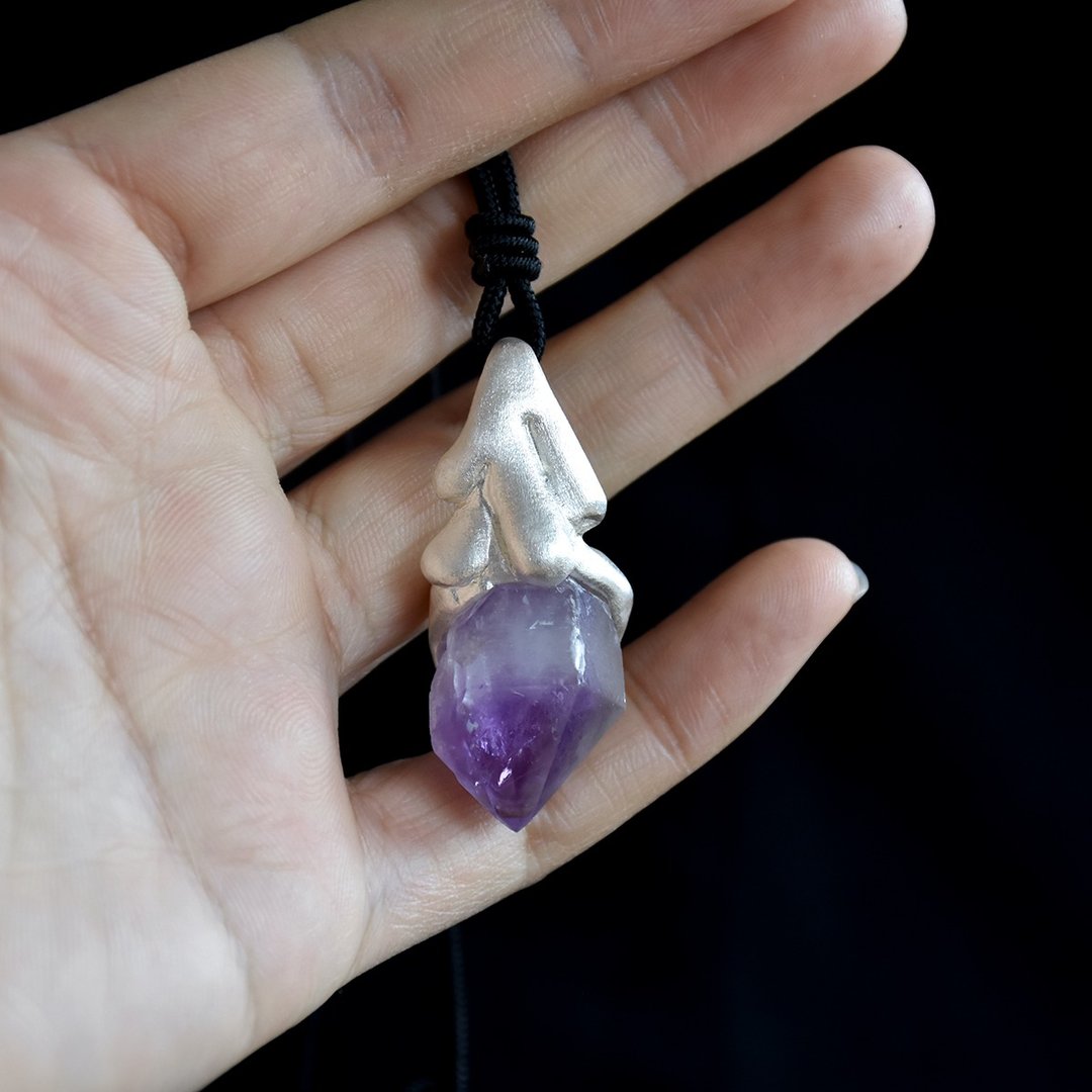 原创手作 紫水晶原石紫晶Amethyst矿石纯银吊坠 - 吊饰 - 水晶 紫色
