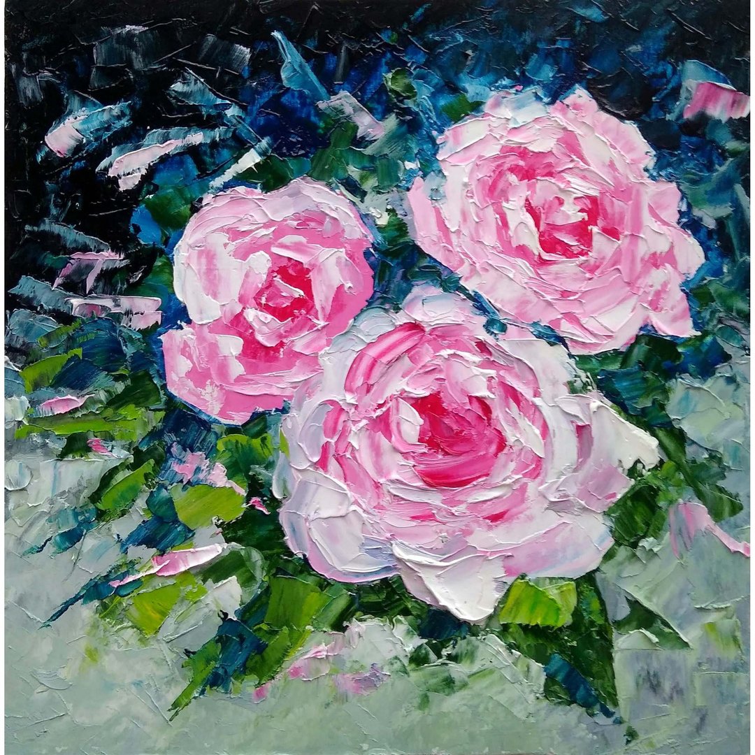 玫瑰花束原创油画、花卉墙艺术、花卉图片。油画, 油画原 - 海报/装饰画/版画 - 其他材质 多色