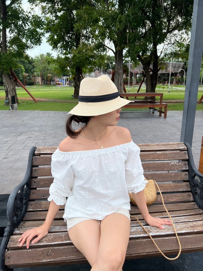 Off-the-shoulder cotton linen blouse - 女装上衣 - 亚麻 绿色