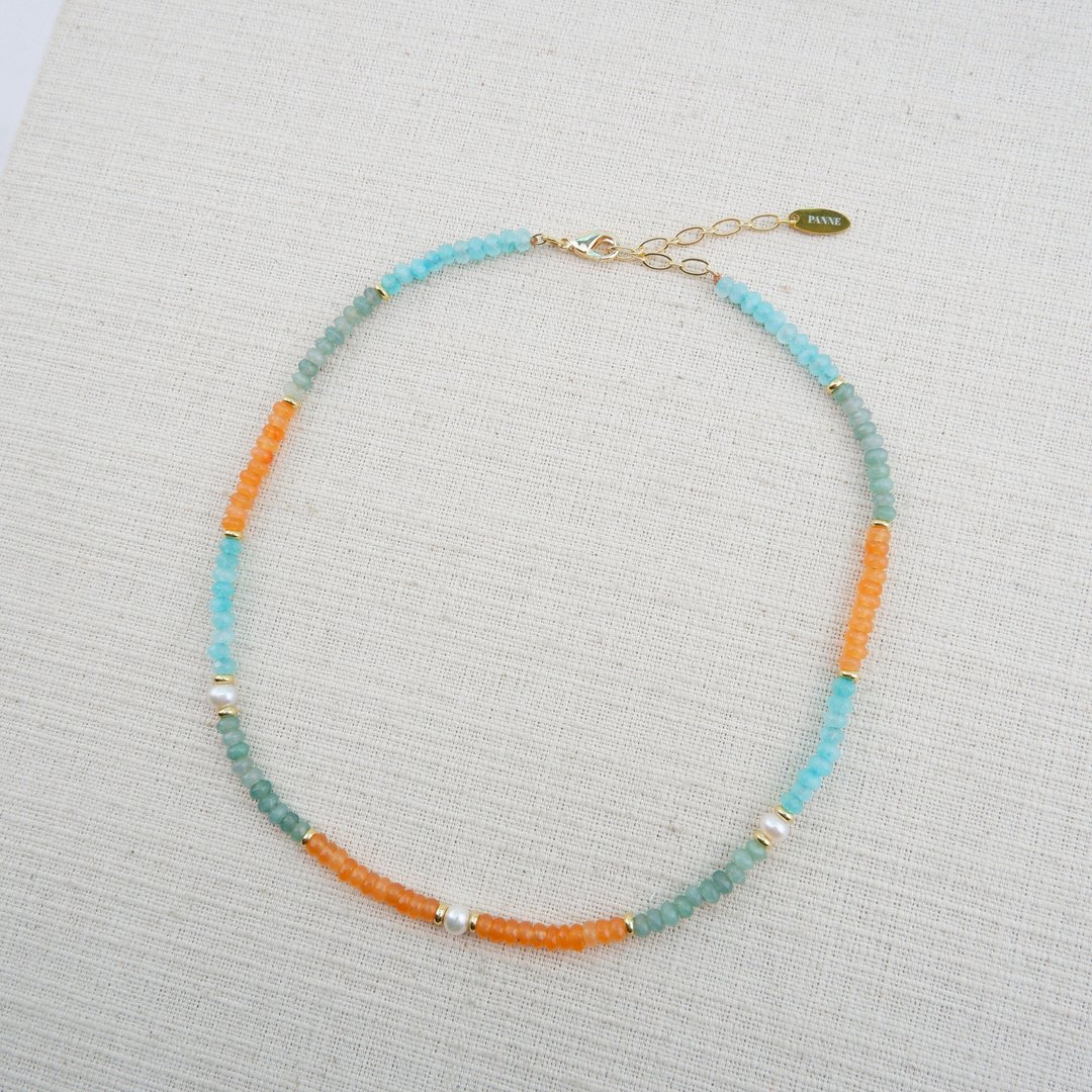 Pumpkin stone Multi Color and Freshwater Pearl short Necklace - 项链 - 石头 多色