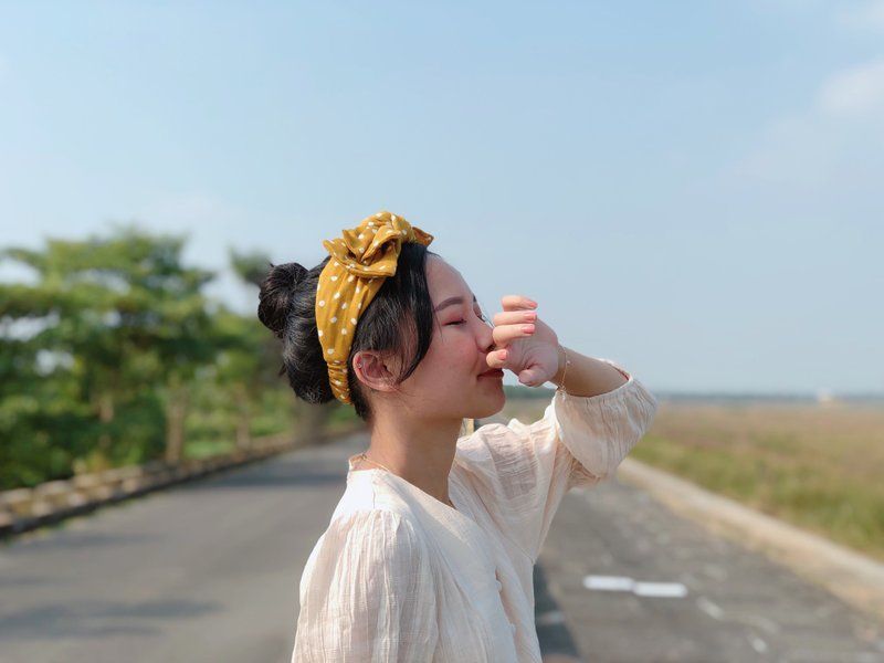 一首清新的诗 姜黄水玉 二重纱 双层/大蝴蝶扭结发带 ggoomstudio - 发带/发箍 - 棉．麻 黄色