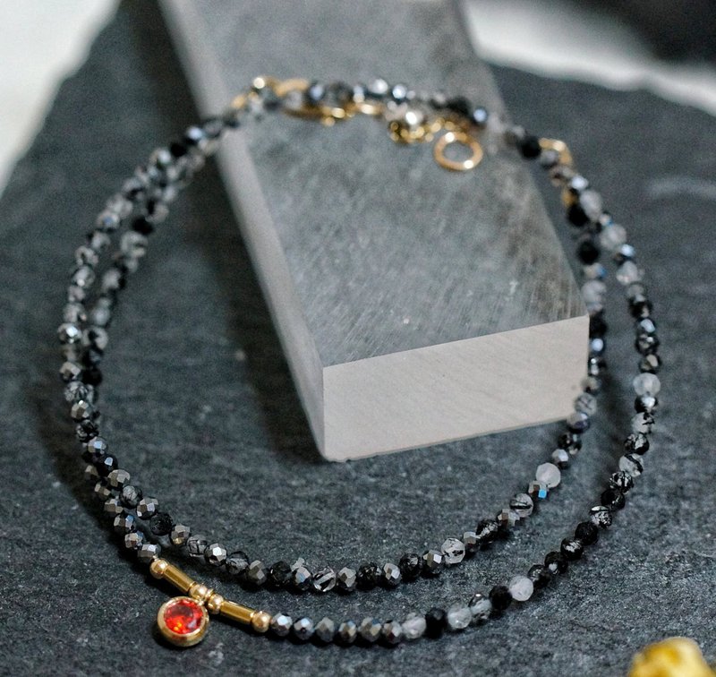 记忆合金水晶手链系列 1/20 14K 包金,钛赫兹石 + 黒发晶２圈手链 - 手链/手环 - 水晶 