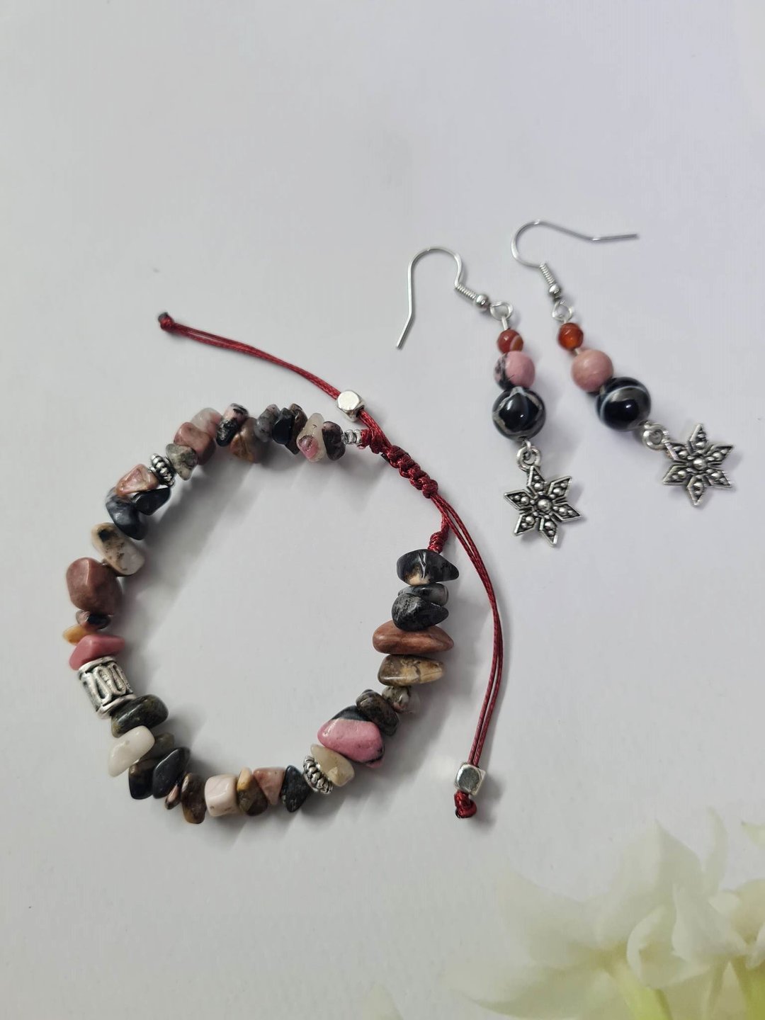 2 in 1 Lucky Stone Earrings &amp; Bracelet set, Freeform Rhodochrosite. - 耳环/耳夹 - 石头 多色