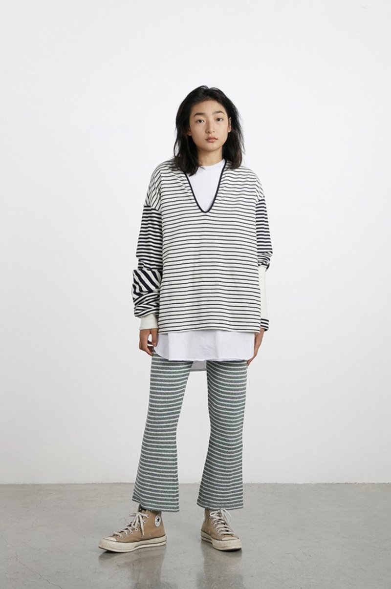 Striped T-Shirt 条纹拼接长袖T恤 獨特袖口設計 無性別穿搭 - 中性连帽卫衣/T 恤 - 其他材质 蓝色
