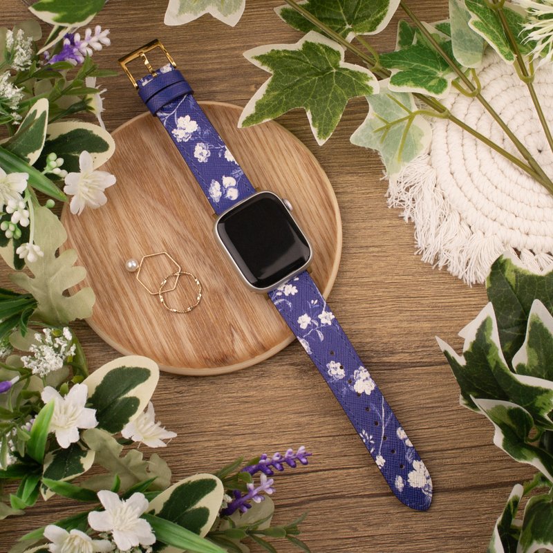 小白花印花海军蓝苹果表带 for Apple Watch 4/5/6/7/8/9/SE/Ultr - 表带 - 真皮 蓝色