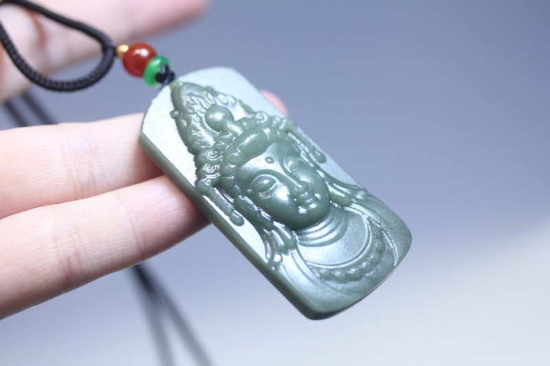 天然和田玉 山料大慈大悲观世音菩萨挂件 平安辟邪吊坠项链 - 项链 - 玉石 绿色