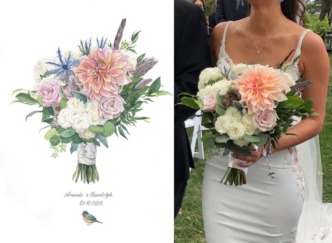 ORIGINAL Custom Wedding Bouquet Painting in Watercolor Bridal flowers portrait - 订制画像 - 纸 