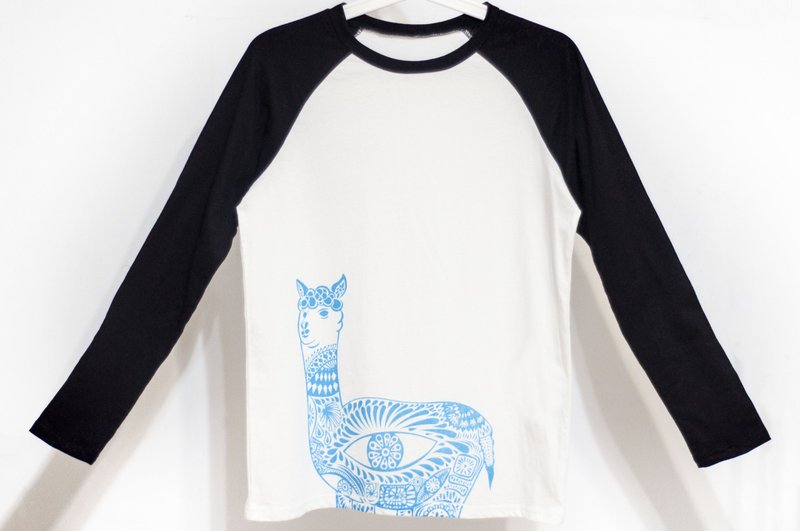 女装纯棉长袖棒球装上衣 黑白撞色印花T-shirt 设计上衣-秘鲁羊驼 - 女装上衣 - 其他材质 多色