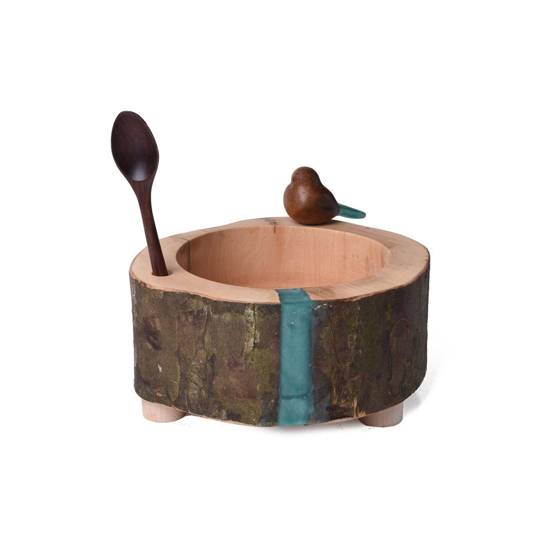 Wooden bowl and spoon. Handcarved bird. Wood and resin. Osmo oil coated - 碗 - 木头 