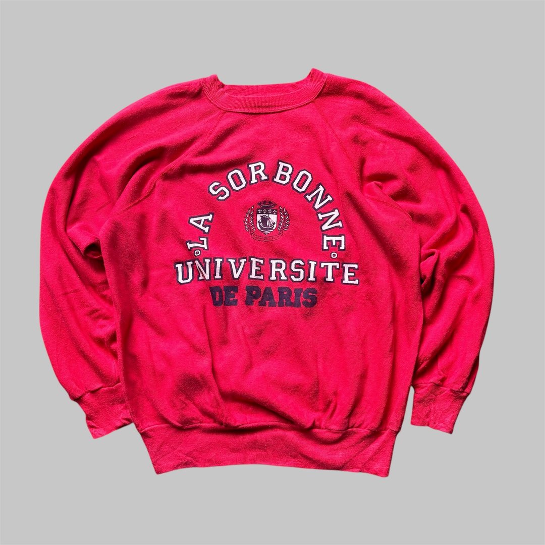 欧洲古着 法国巴黎大学T Sweatshirt - 中性连帽卫衣/T 恤 - 棉 红色