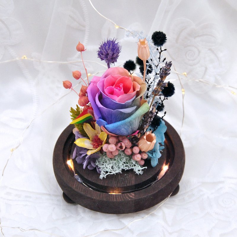 不凋永生花微景观玻璃罩盅-彩虹玫瑰夜灯款 生日礼物 - 干燥花/捧花 - 植物．花 多色