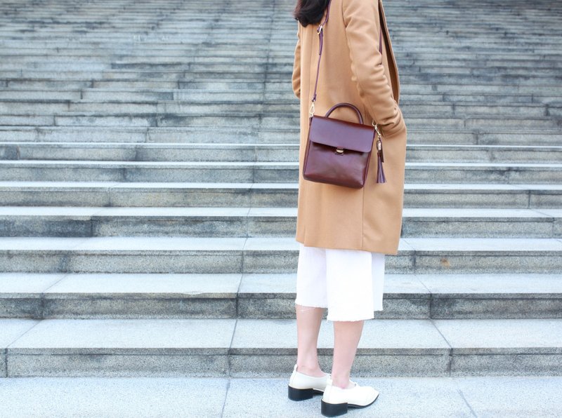 SL 迷你盒子袋 / 棕红色皮革 / 盒型 / 两用包 / 单肩包 / 手工 - 侧背包/斜挎包 - 真皮 红色