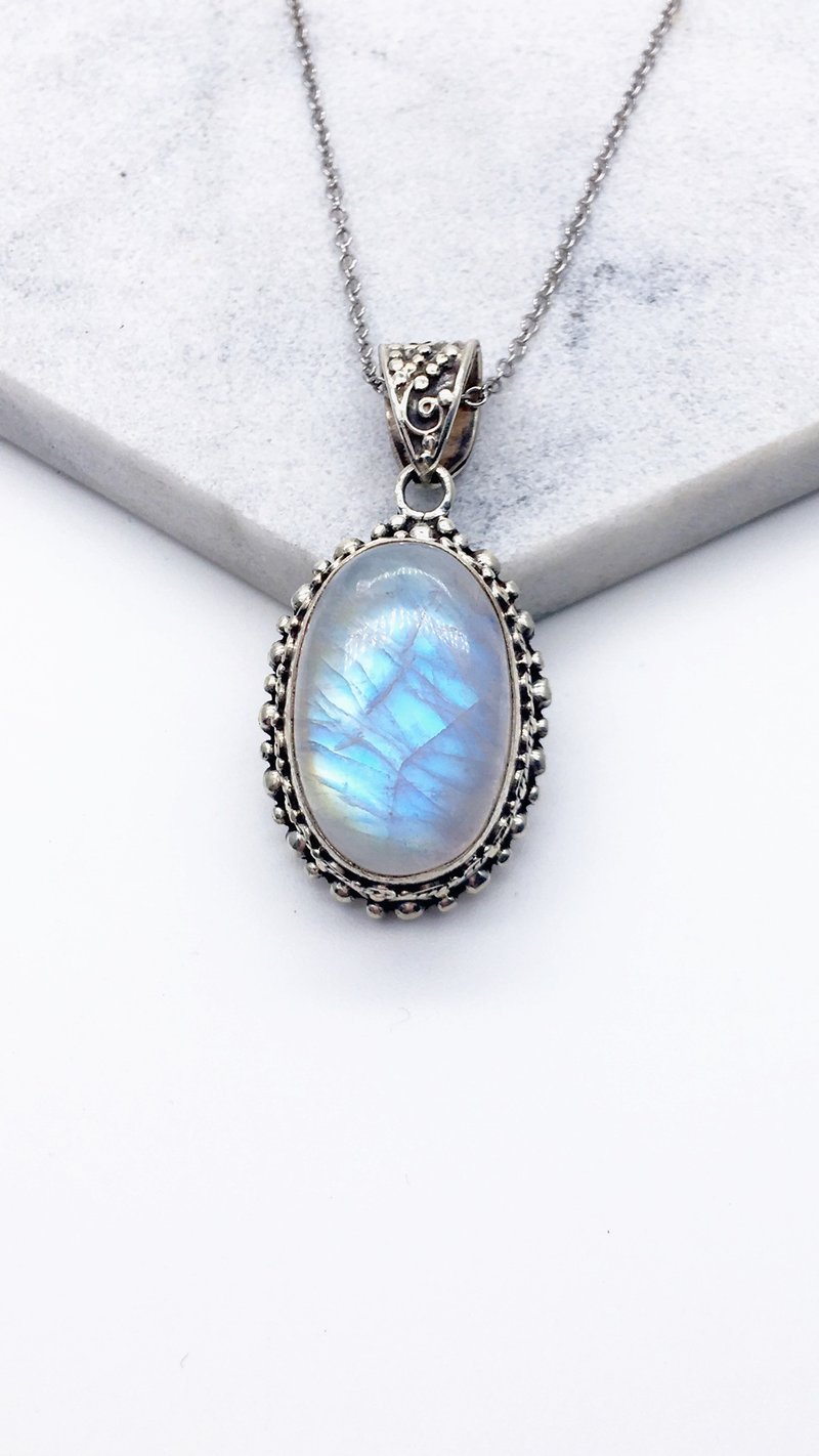 月光石925纯银重工项链 尼泊尔手工镶嵌制作 - 项链 - 宝石 蓝色