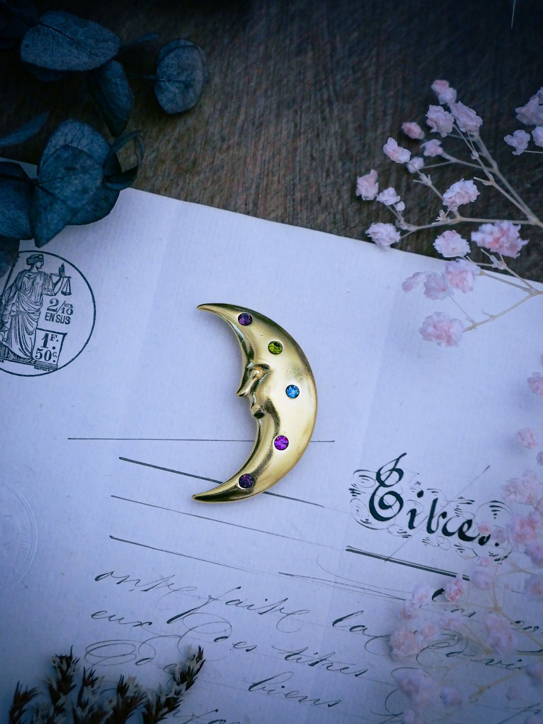 Trifari 新月月亮脸胸针—美国古董首饰 Vintage Jewelry - 胸针 - 其他金属 
