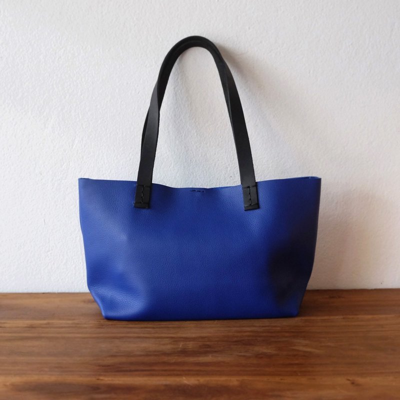 Mini Simple Leather Tote Bag - 手提包/手提袋 - 真皮 蓝色