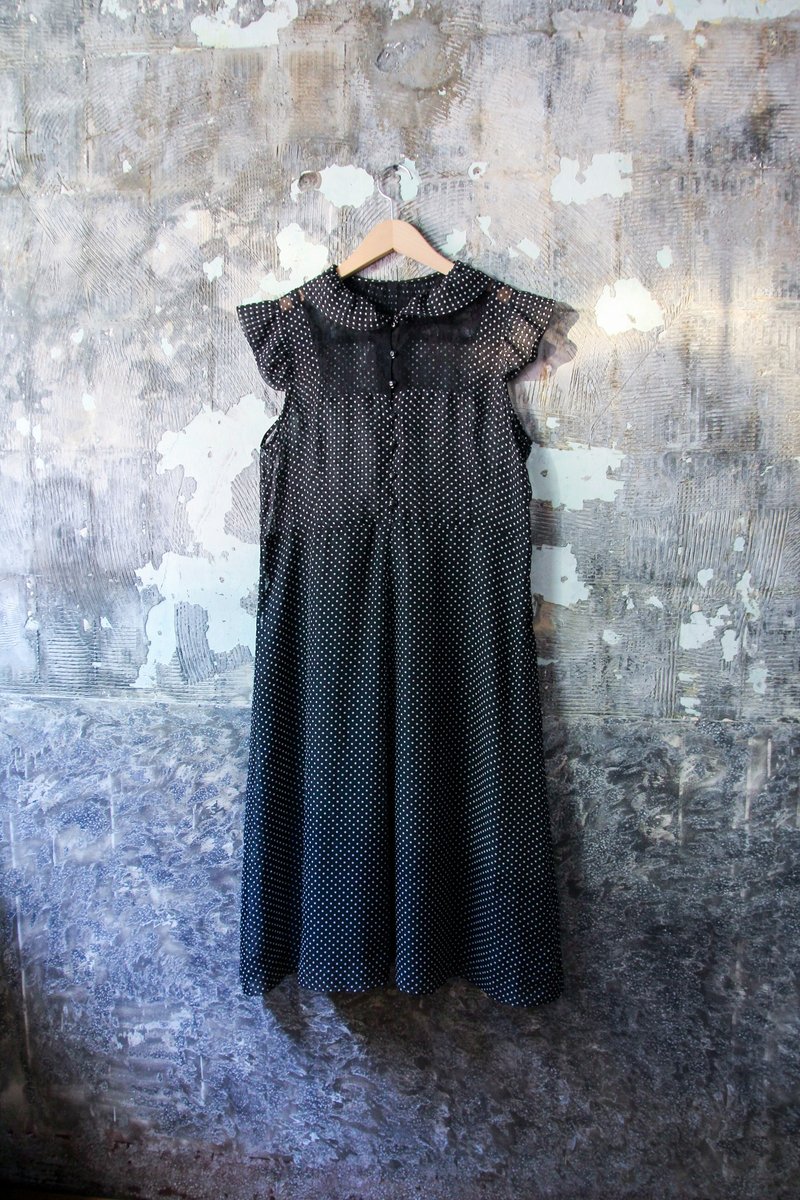 袅袅百货公司-Vintage 黑色水玉布花拼接蕾丝洋装 复古着 - 洋装/连衣裙 - 聚酯纤维 