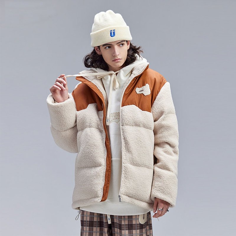 男士羊羔绒拼接棉衣 冬季棉服外套 - 男装外套 - 聚酯纤维 卡其色