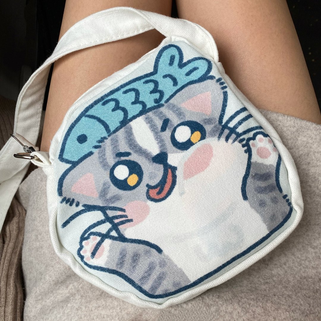 猫咪形状鱼鱼可爱小猫咪斜孭帆布袋 - 侧背包/斜挎包 - 棉 白色