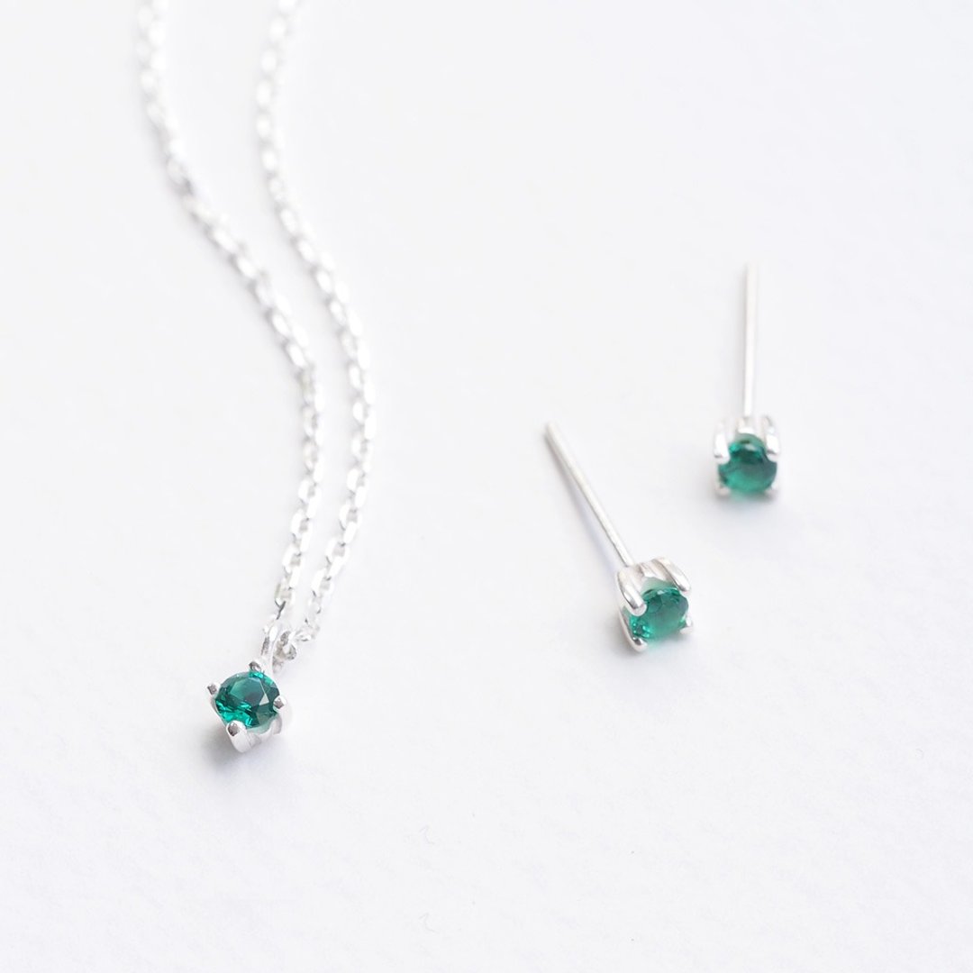 2 pieces set) 1 grain emerald necklace earrings set Silver 925 - 项链 - 其他金属 绿色