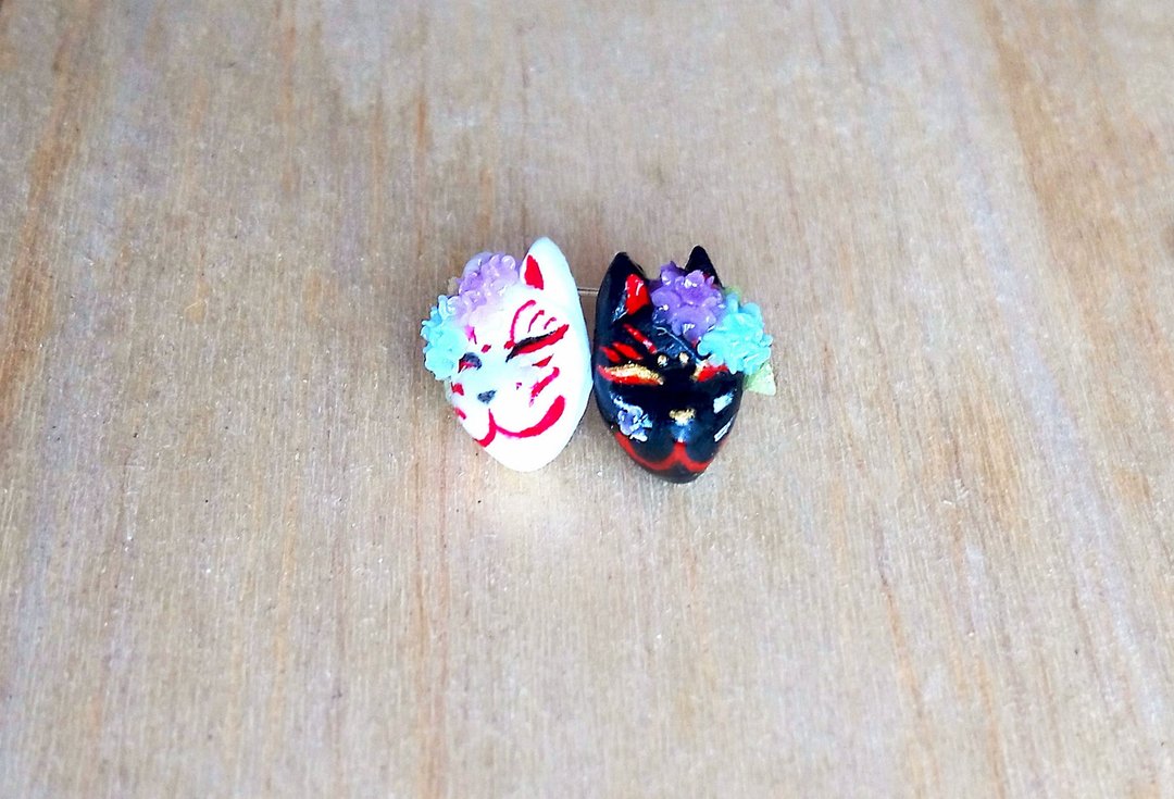 紫阳狐狸面具 纯银耳环/耳夹 - 耳环/耳夹 - 粘土 黑色