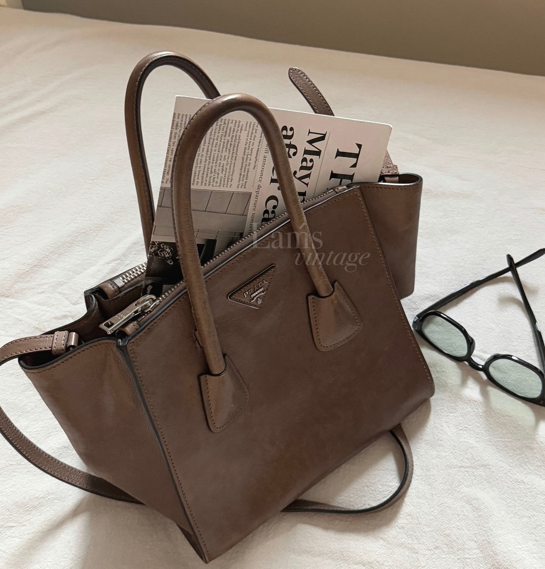 中古 Prada 深卡其色 两用 top handle 杀手包 - 手提包/手提袋 - 真皮 卡其色