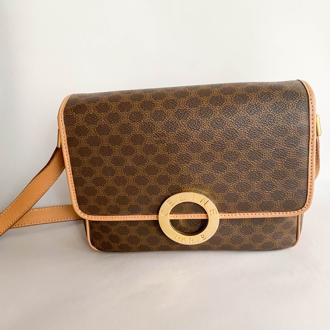 中古包Celine赛琳│啡色老花│斜背包│古董包│侧背包│女友礼物 - 侧背包/斜挎包 - 真皮 咖啡色