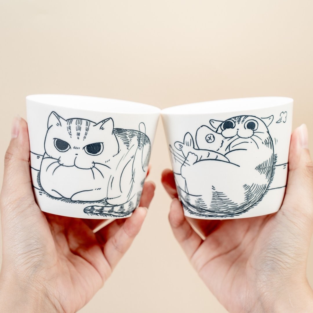 粗猫茶杯手工陶器线条艺术风格小咖啡杯礼品 - 咖啡杯/马克杯 - 陶 白色