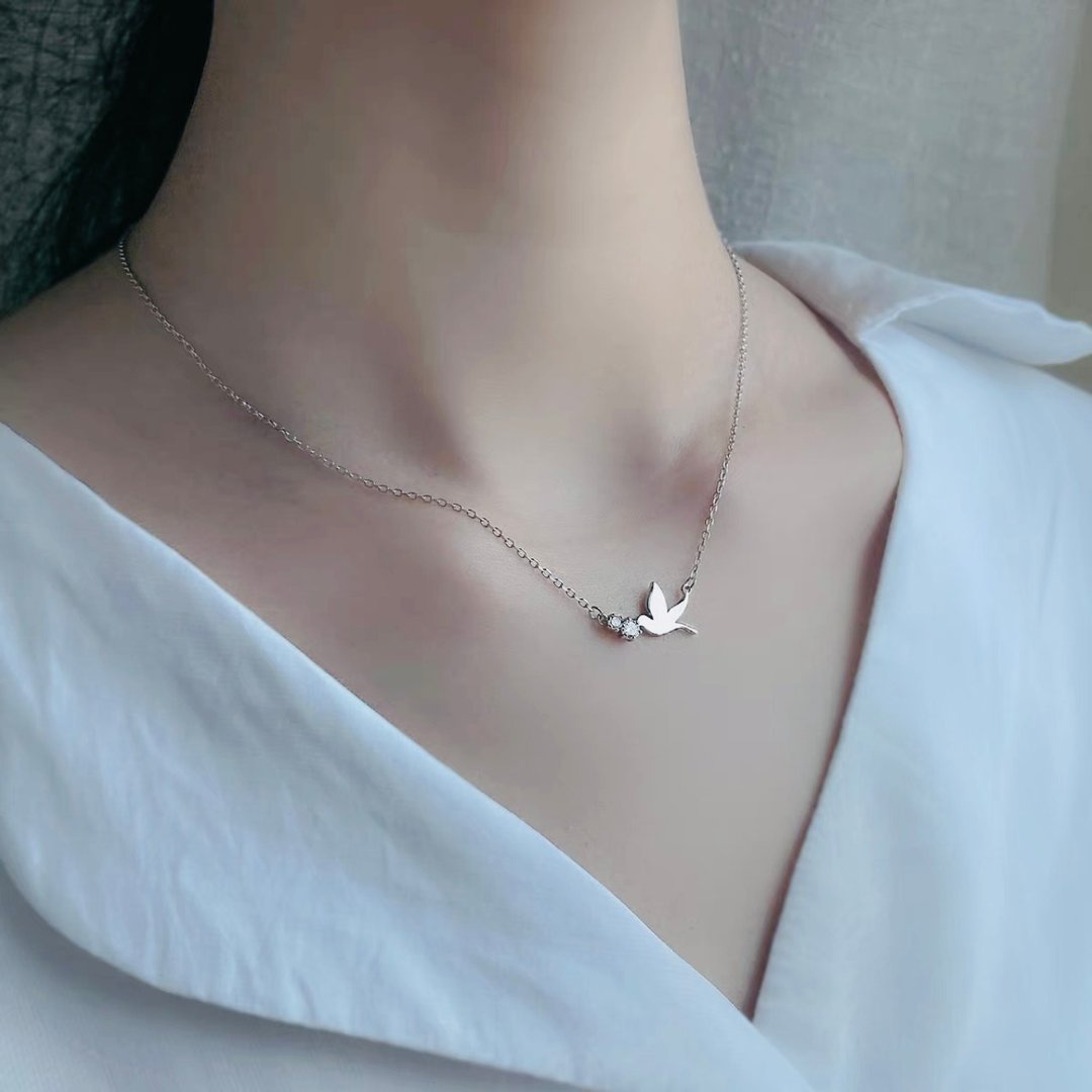 925纯银 温柔白鸽 纯银项链/耳环 锆石  bird情人节 - 项链 - 纯银 银色