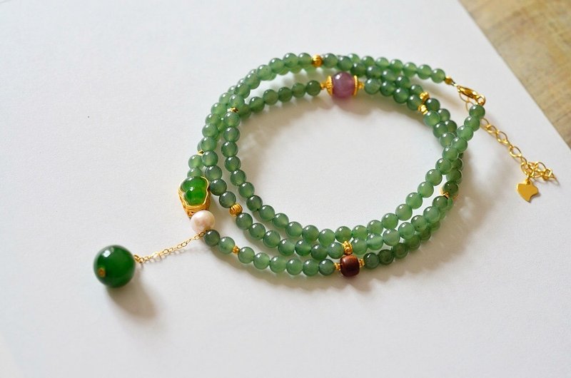 4mm天然和田玉 /和阗玉-碧玉. 粉水晶老山檀珍珠设计多圈手持手串 - 手链/手环 - 玉石 绿色