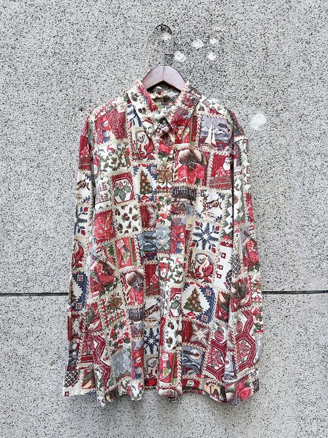 红绿白色圣诞麋鹿花卉 满版图腾反翻布上衣衬衫 vintage shirt - 男装衬衫 - 棉 多色
