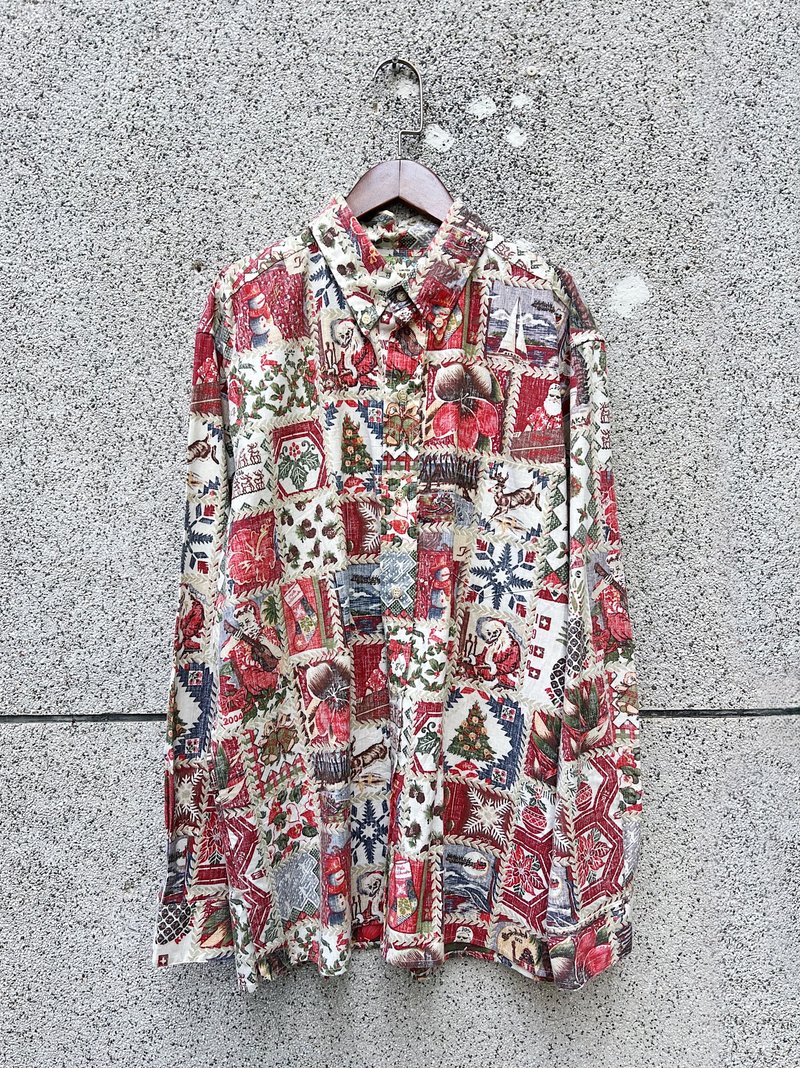 红绿白色圣诞麋鹿花卉 满版图腾反翻布上衣衬衫 vintage shirt - 男装衬衫 - 棉 多色