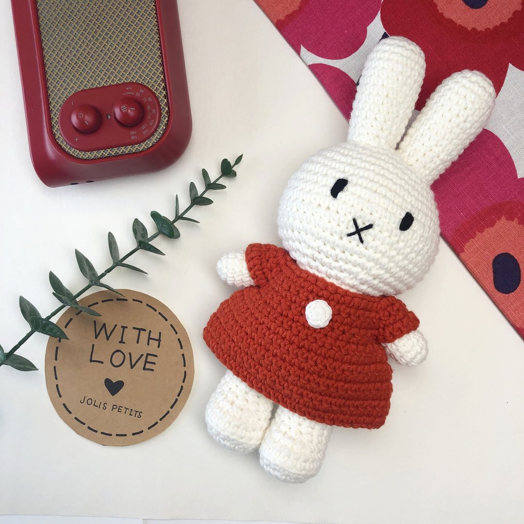 荷兰Miffy米飞兔【miffy红洋装】手工钩针纯棉娃娃安抚米非兔玩偶 - 玩偶/公仔 - 棉 红色