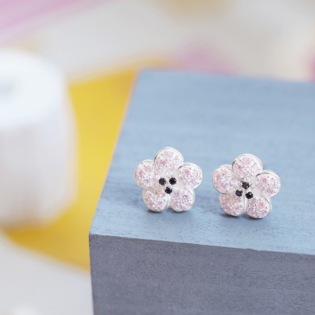 Sakura Earrings Silver 925 - 耳环/耳夹 - 其他金属 粉红色