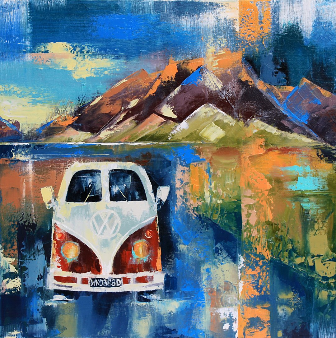 Retro Car Painting California Original Art VW Bus Wall Art Mountains Artwork Oil - 海报/装饰画/版画 - 其他材质 蓝色