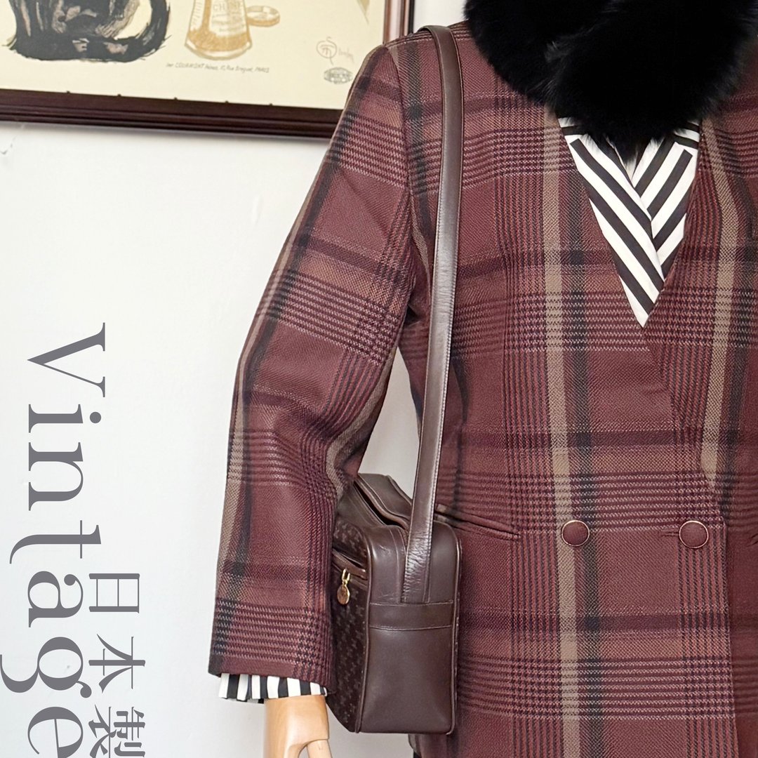vintage 极新美品 酒红格纹极美配色 羊毛无领西装外套 日本制 - 女装西装外套/风衣 - 羊毛 