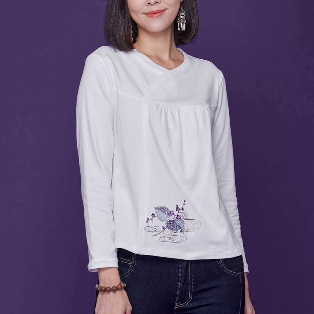 古典美 斜襟抽皱显瘦T桖【58002】 - 女装 T 恤 - 棉 白色