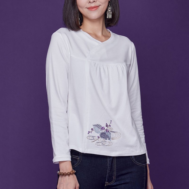 古典美 斜襟抽皱显瘦T桖【58002】 - 女装 T 恤 - 棉．麻 白色