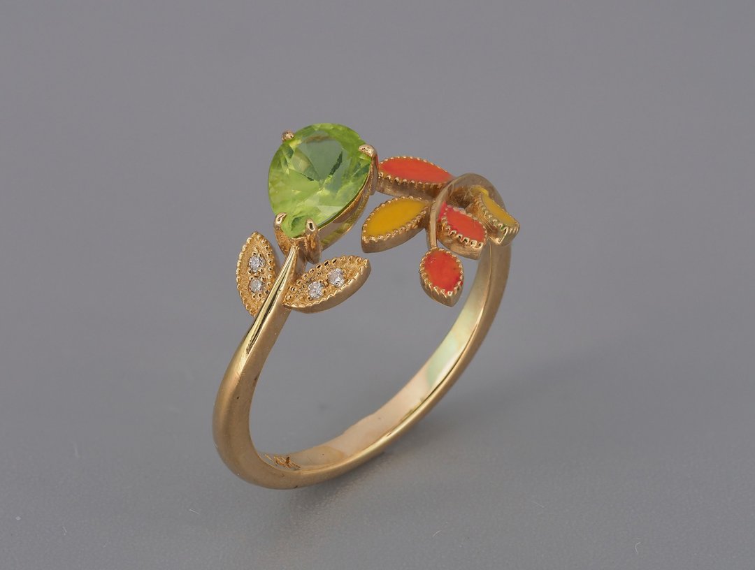 Floral gold ring with enamel autumn color Leaves with peridot and diamonds - 戒指 - 贵金属 金色