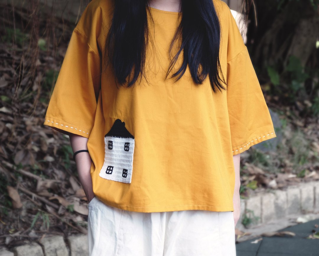 芥黄色毛线编织小屋 日式短版上衣 - 女装上衣 - 棉 橘色