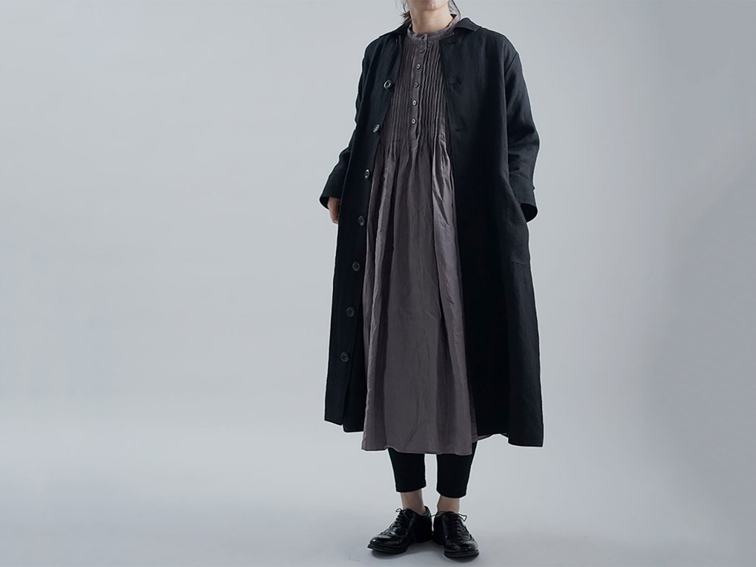 wafu --Flax cloak Linen Balmacaan Coat / Black h004e-bck2 - 女装西装外套/风衣 - 亚麻 黑色