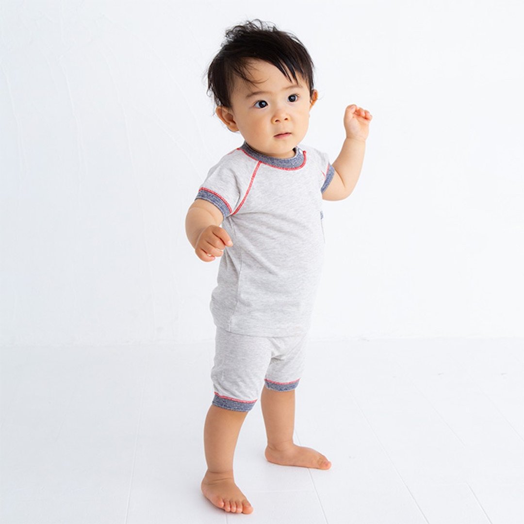 Y-8006 100% Organic Cotton Tenjiku Short Sleeve T-shirt and Pants Set Heather Gray x Navy Adaptation Height 70cm-80cm Popkins Baby Made in Japan - 童装上衣 - 棉 灰色