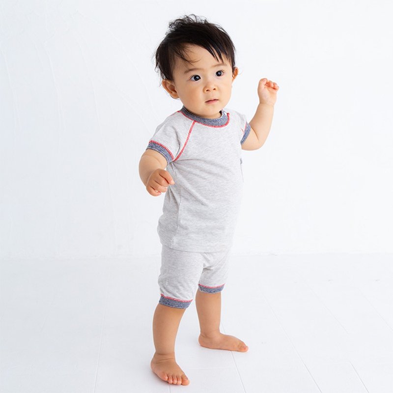 Y-8006 100% Organic Cotton Tenjiku Short Sleeve T-shirt and Pants Set Heather Gray x Navy Adaptation Height 70cm-80cm Popkins Baby Made in Japan - 童装上衣 - 棉．麻 灰色