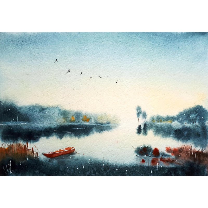 Michigan Painting Great Lakes Original Art Boat Watercolor Foggy Forest Wall Art - 海报/装饰画/版画 - 纸 多色