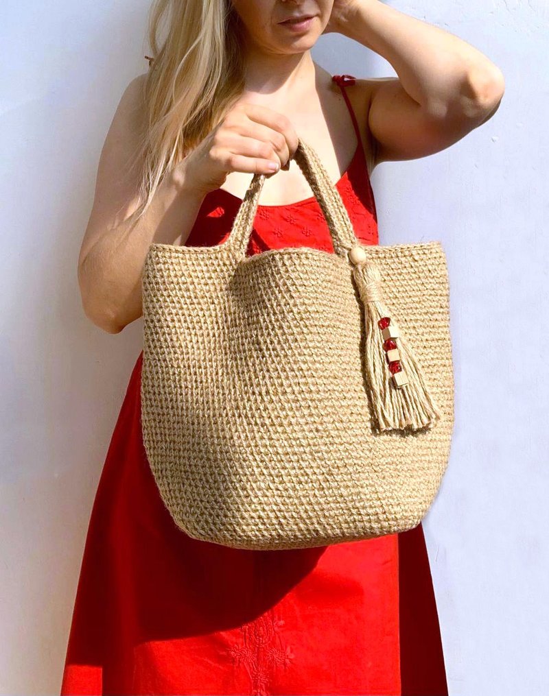 Crocheted jute bag Large tote bag Shopping bag Eco natural Bag - 手提包/手提袋 - 棉．麻 咖啡色